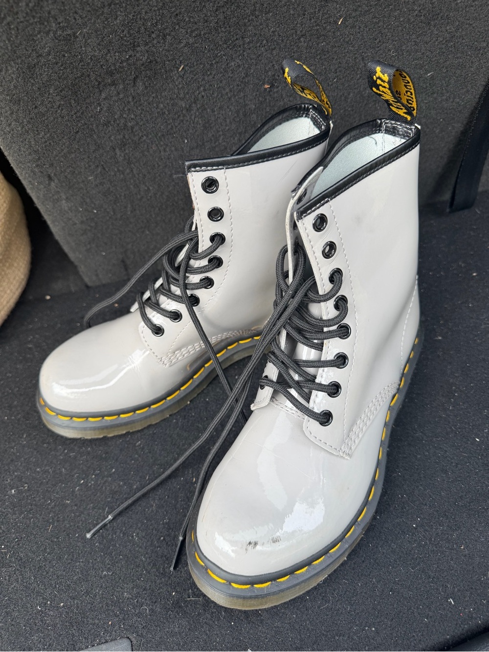 Dr. Martens Gray 1460 Patent Combat Boots with Yellow Stitching
